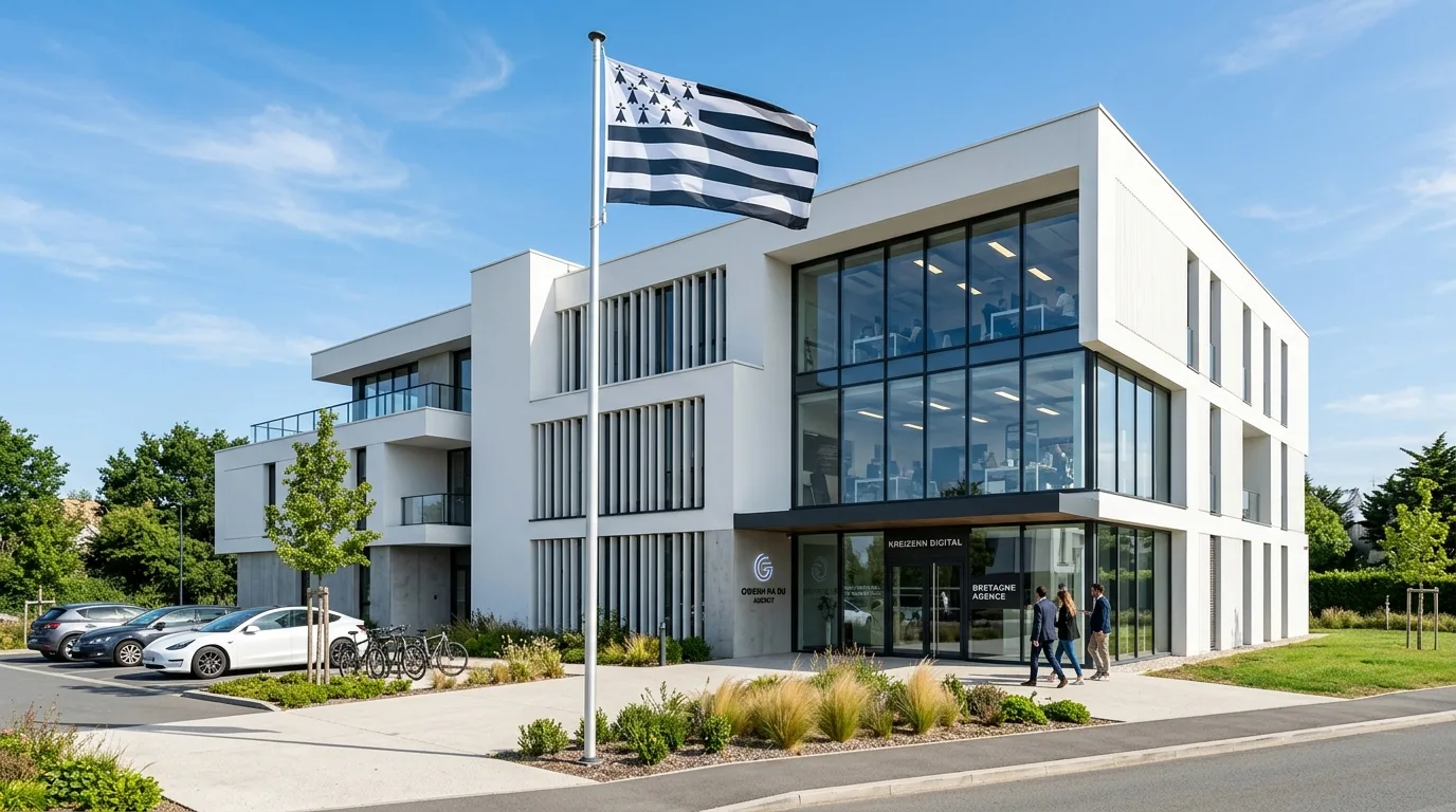 Bâtiment agence de communication web en Bretagne avec drapeau breton